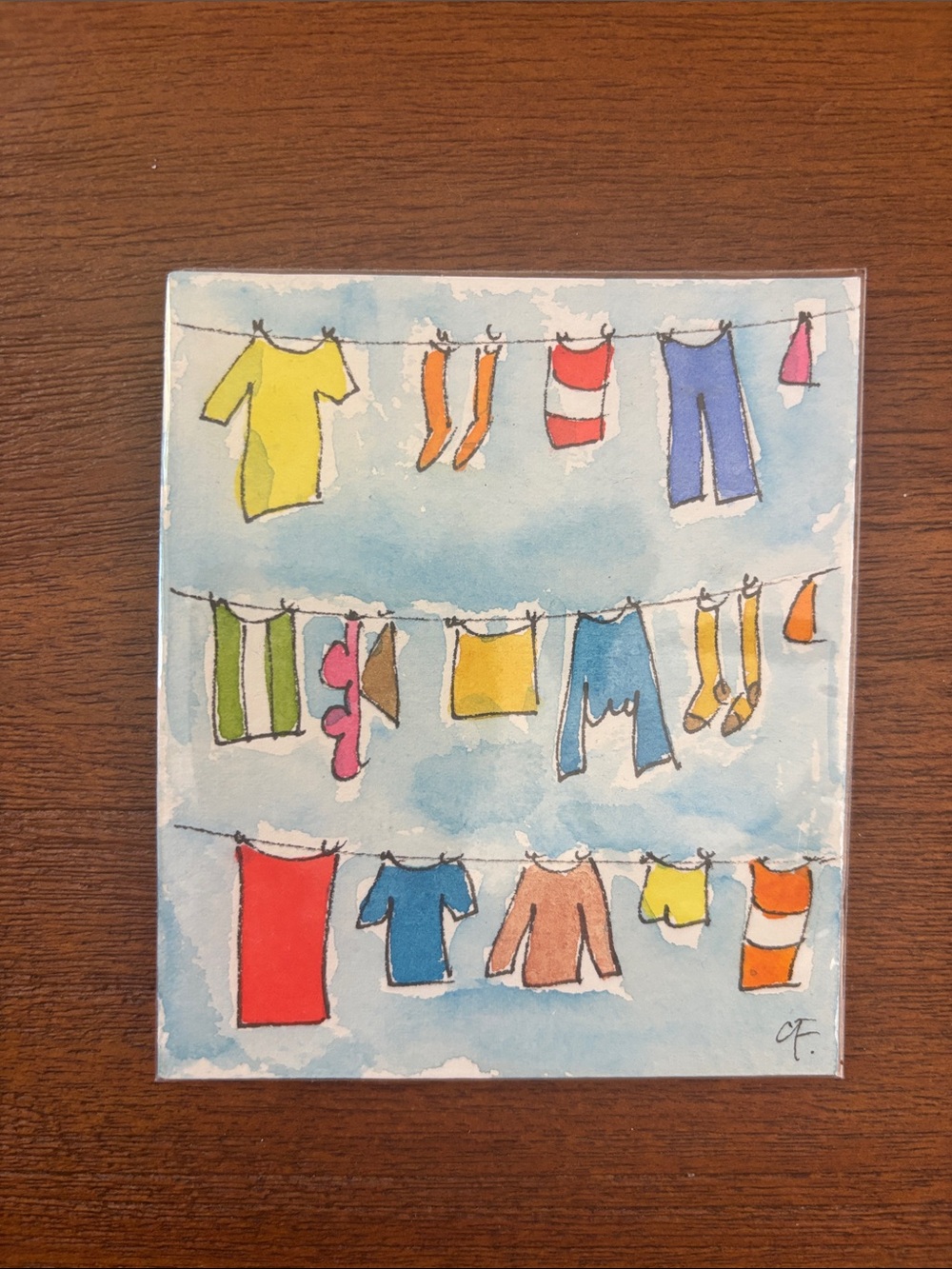 Colorful Clothesline Watercolor Art Print - Whimsical Laundry Scene